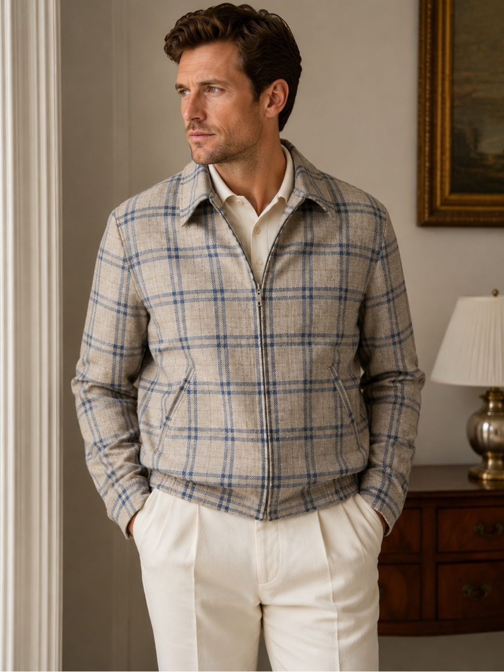 Bullock & Jones Windowpane Plaid Golf Jacket Wool Linen 42R